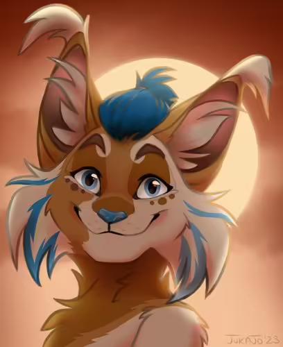 Nera the Lynx with blue tinted hair, striped highlights, and orange fur. The drawing has warm colors and beautiful sunset in the background