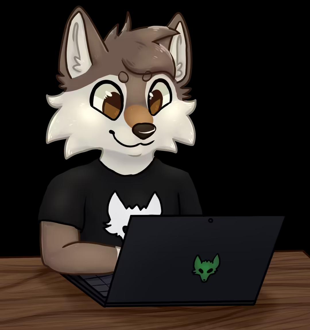 A wolf with a furway t-shirt typing on a black laptop