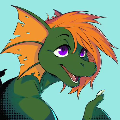 Atrox the green dragon with orange hair smiling and gesturing a thumbs up